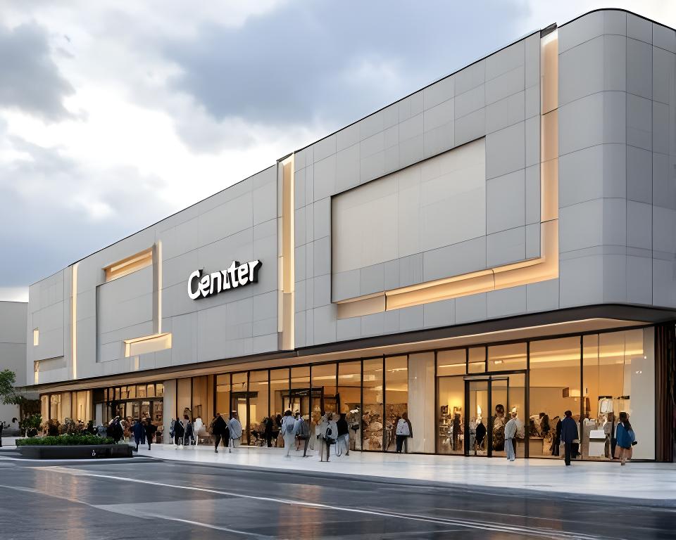 Centro comercial con fachada ventilada revestida en cerámica, accesos amplios y tránsito de personas