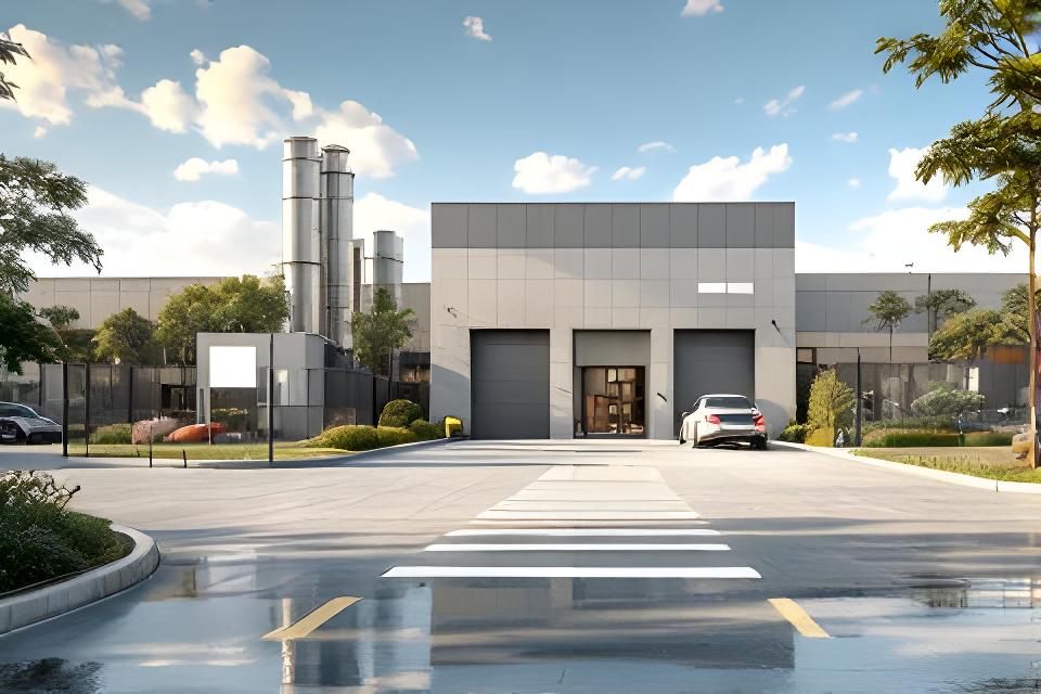 Frente de la planta cerámica con acceso vehicular amplio y señalización industrial en Posadas