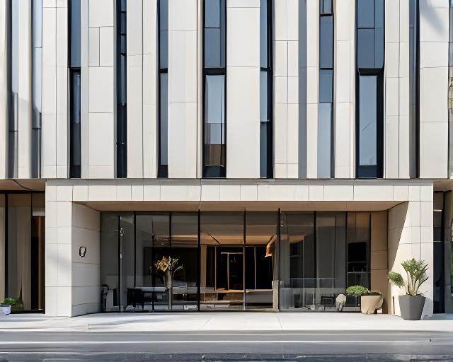 Fachada de edificio corporativo con revestimiento cerámico contemporáneo y líneas verticales